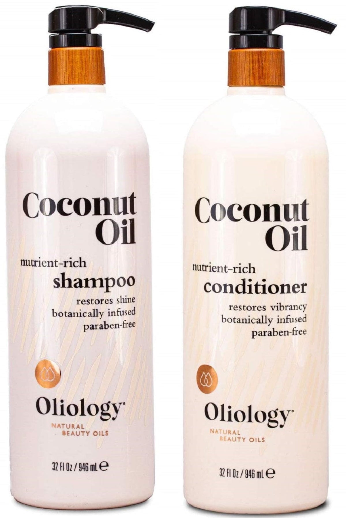 Oliology front packaging showing shampoo and conditioner bottles and clear benefits