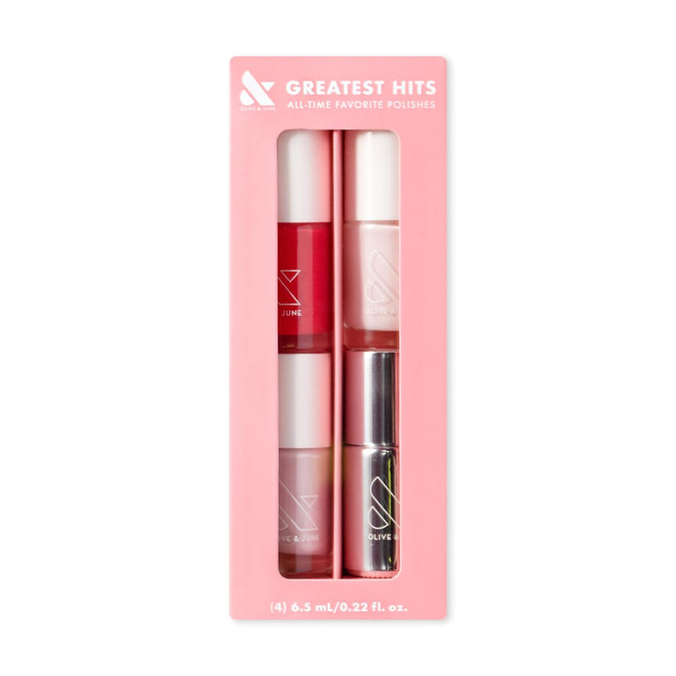 Olive & June front packaging showing four bottles and set benefit shine