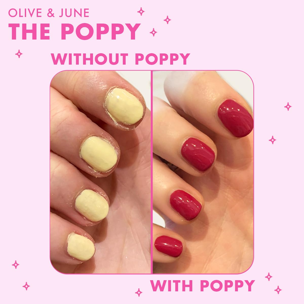 Olive & June Poppy next to a hand for size comparison showing easy one-handed use