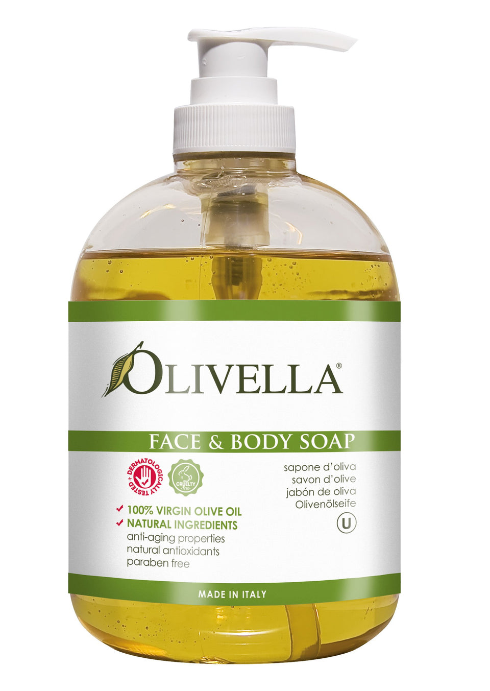 Olivella pump bottle front view showing label and easy dispensing benefit