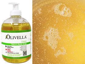 Olivella soap lather close-up demonstrating gentle foam and hydration