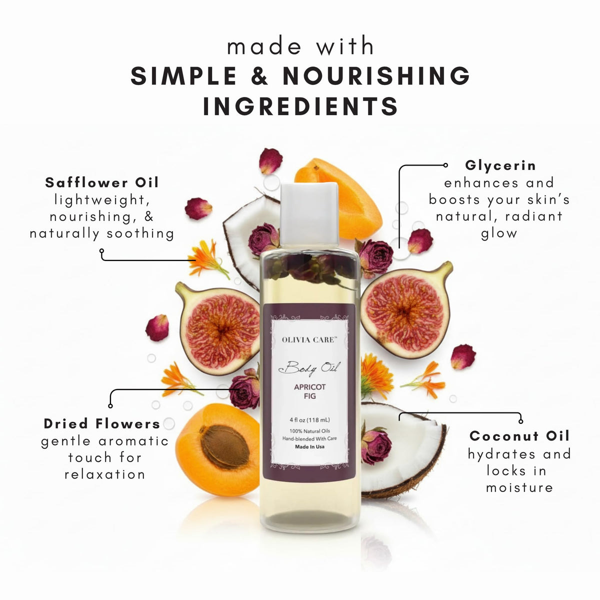 Olivia Care bottle pump dispensing oil for easy daily use benefit