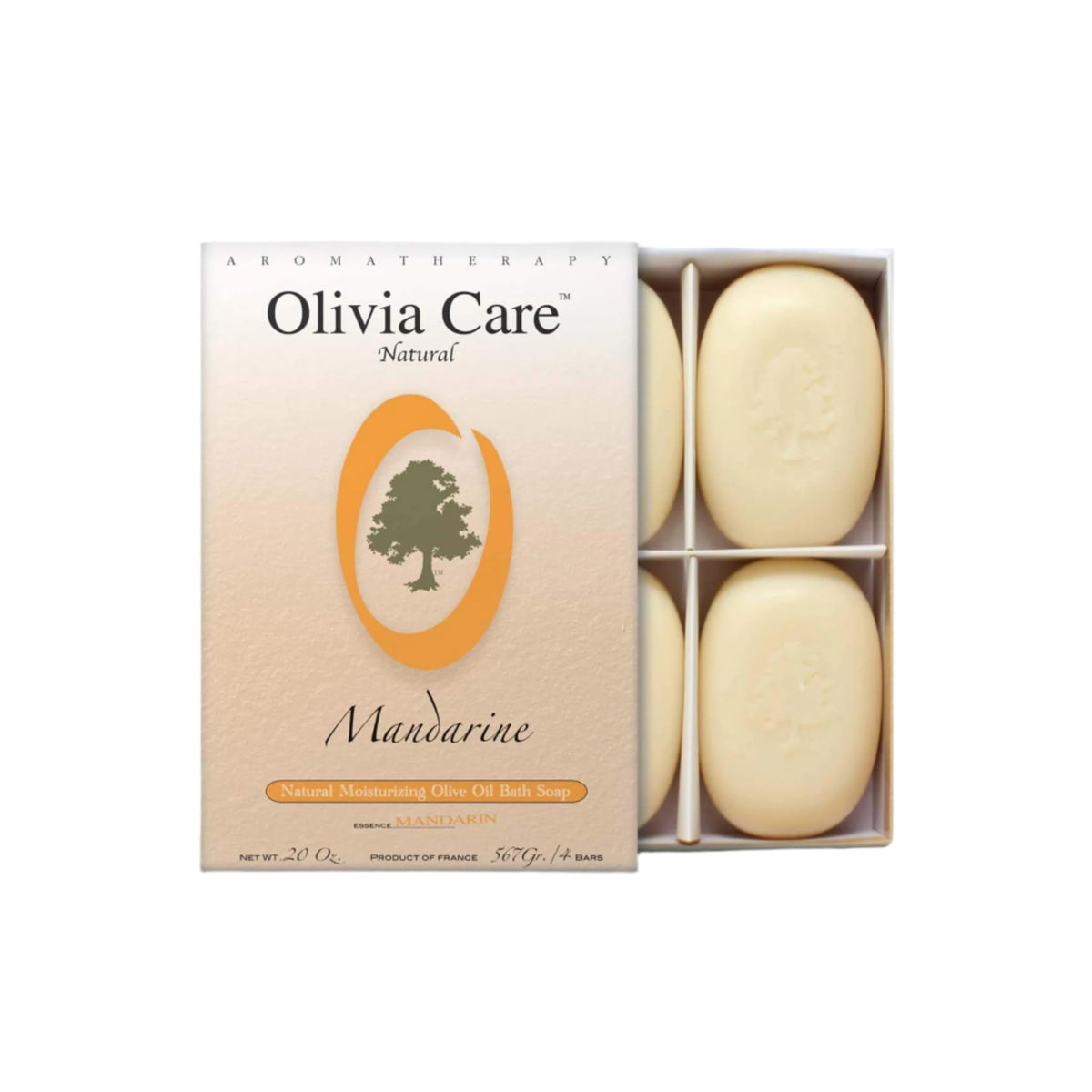 Olivia Care front gift box showing four mandarin olive oil soap bars and packaging benefit