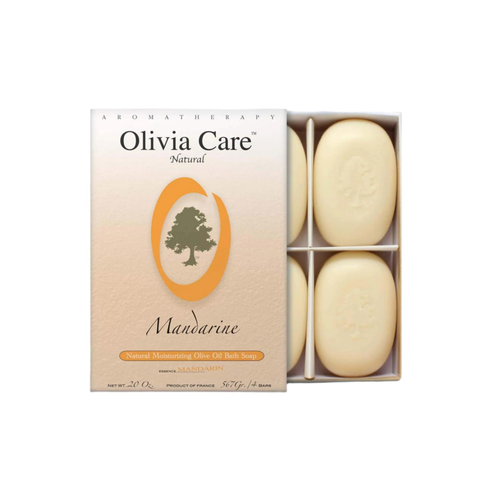 Olivia Care front gift box showing four mandarin olive oil soap bars and packaging benefit