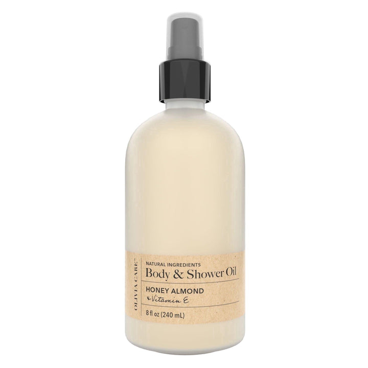 Olivia Care front packaging showing bottle and honey almond benefit