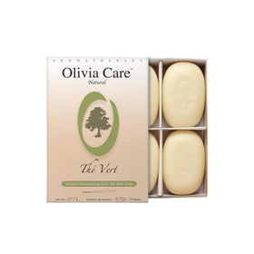 Olivia Care front packaging showing four green tea soap bars and gift box for gifting