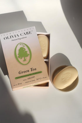 Olivia Care gift box lifestyle styled on vanity suggesting ready-to-gift natural soap