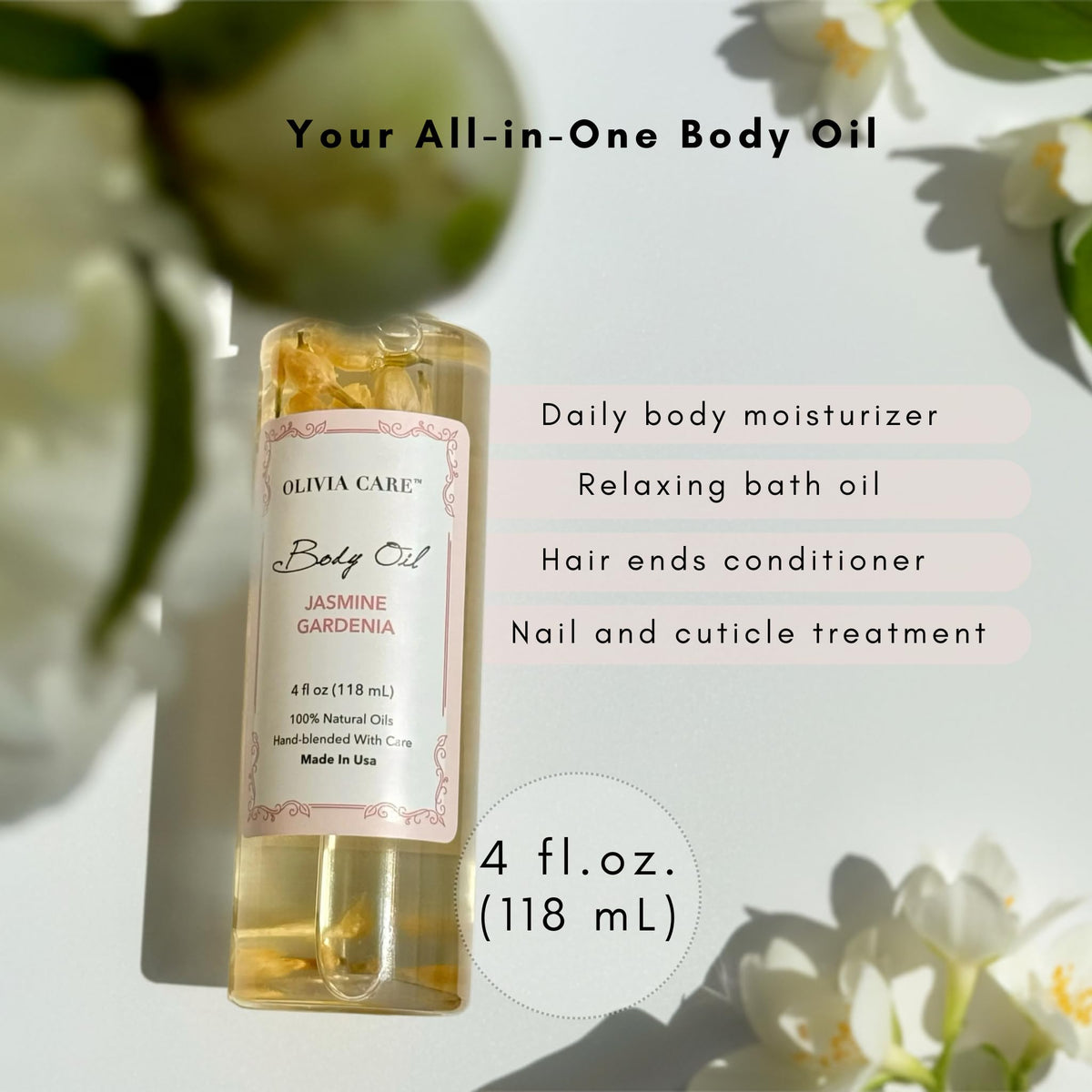 Olivia Care bottle staged with jasmine and gardenia flowers for scent benefit