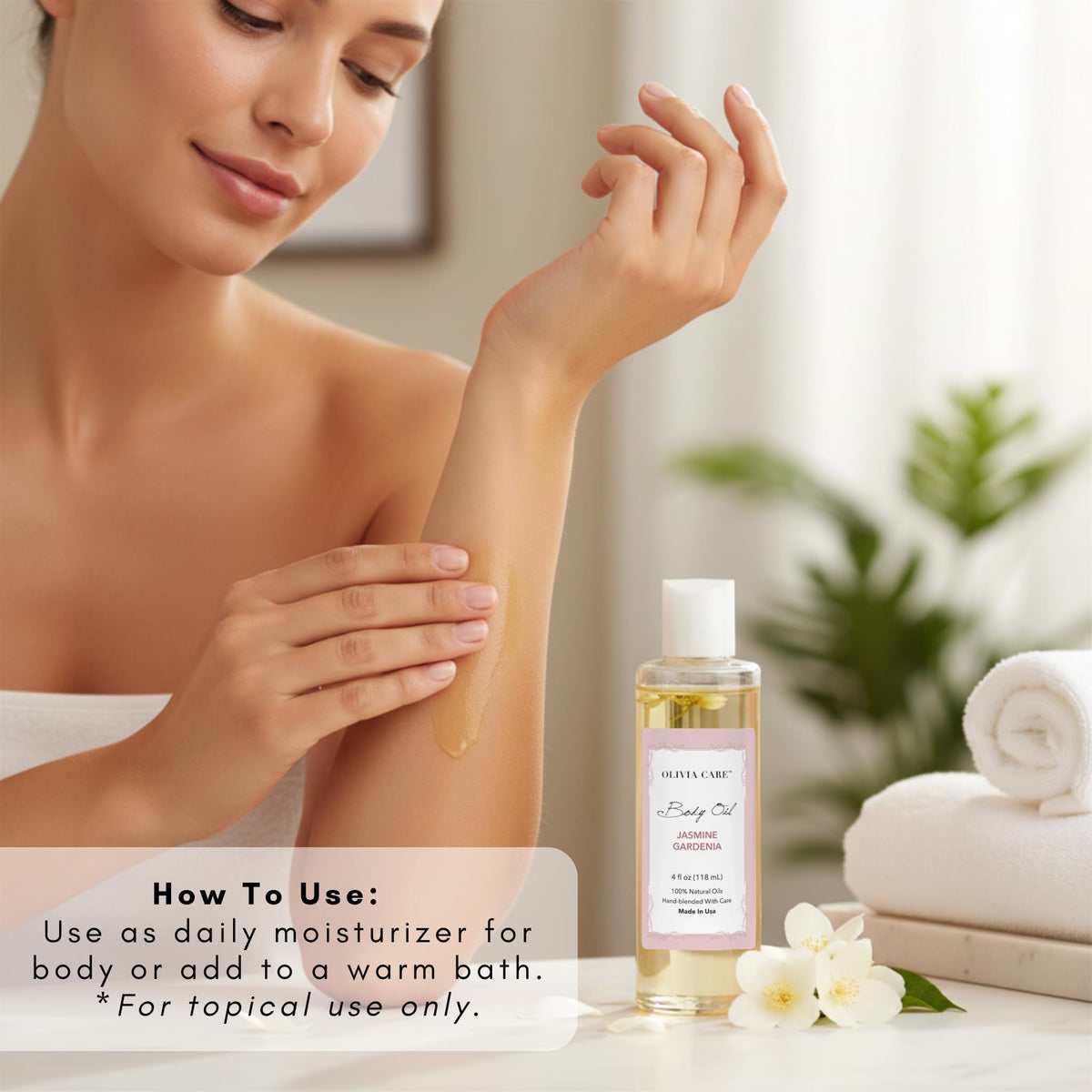 Olivia Care ingredients label highlighting vitamins E and K benefits