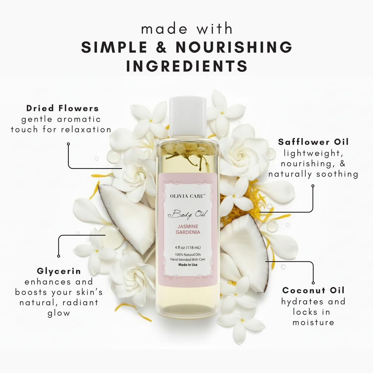 Olivia Care close-up of oil texture demonstrating lightweight absorption