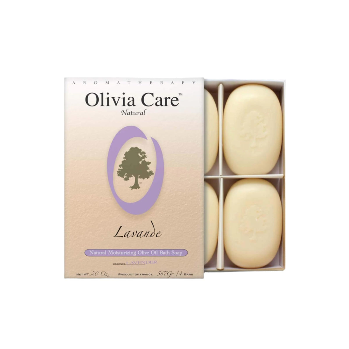 Olivia Care front packaging showing boxed four-pack and benefits of natural ingredients