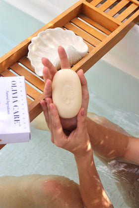Olivia Care lifestyle bathroom display with soap on tray highlighting gift-ready presentation