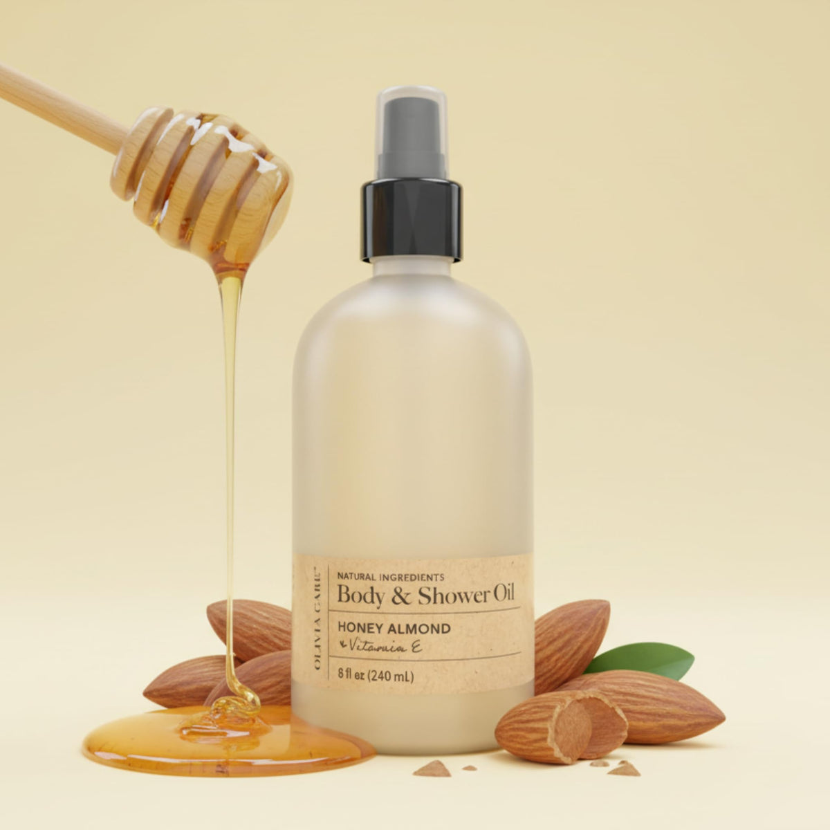 Olivia Care pump close-up dispensing oil for easy control benefit