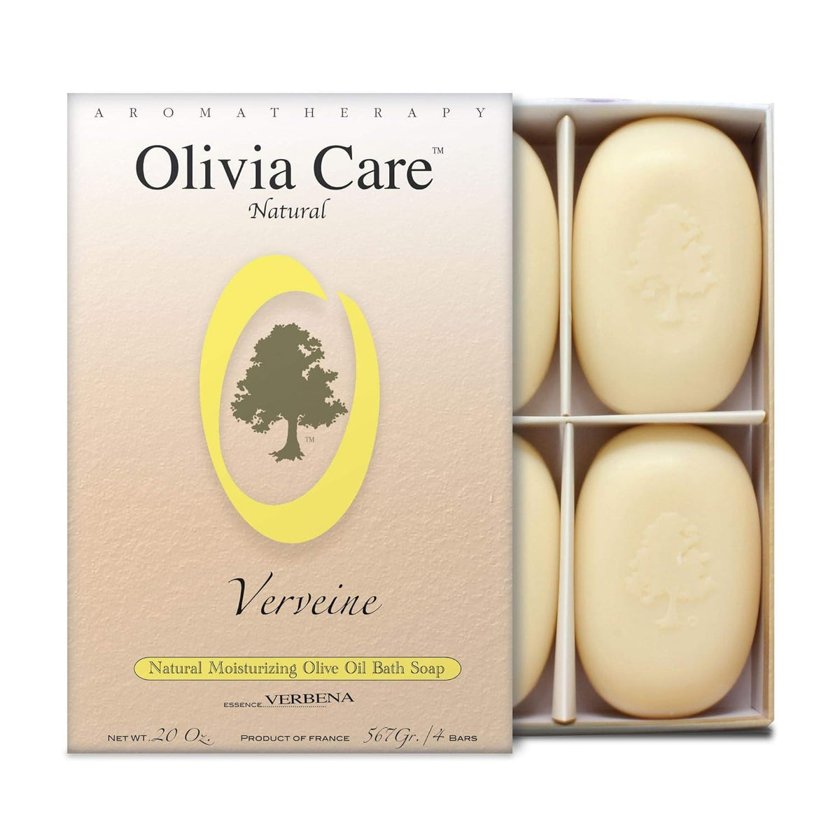 Olivia Care gift box front view highlighting four verbena soap bars and presentation