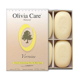 Olivia Care gift box front view highlighting four verbena soap bars and presentation