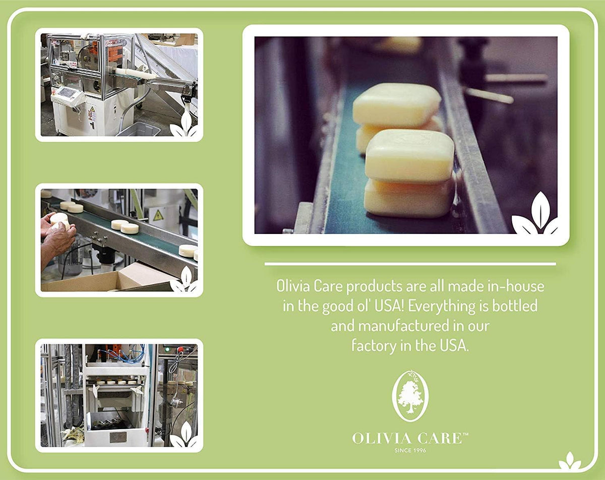 Olivia Care soap displayed in bathroom setting conveying natural scent and relaxation