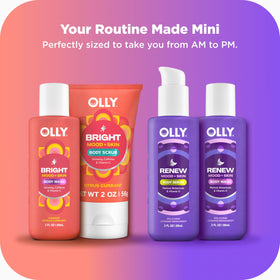 OLLY Bright body wash pump dispensed showing creamy gel and energizing benefit