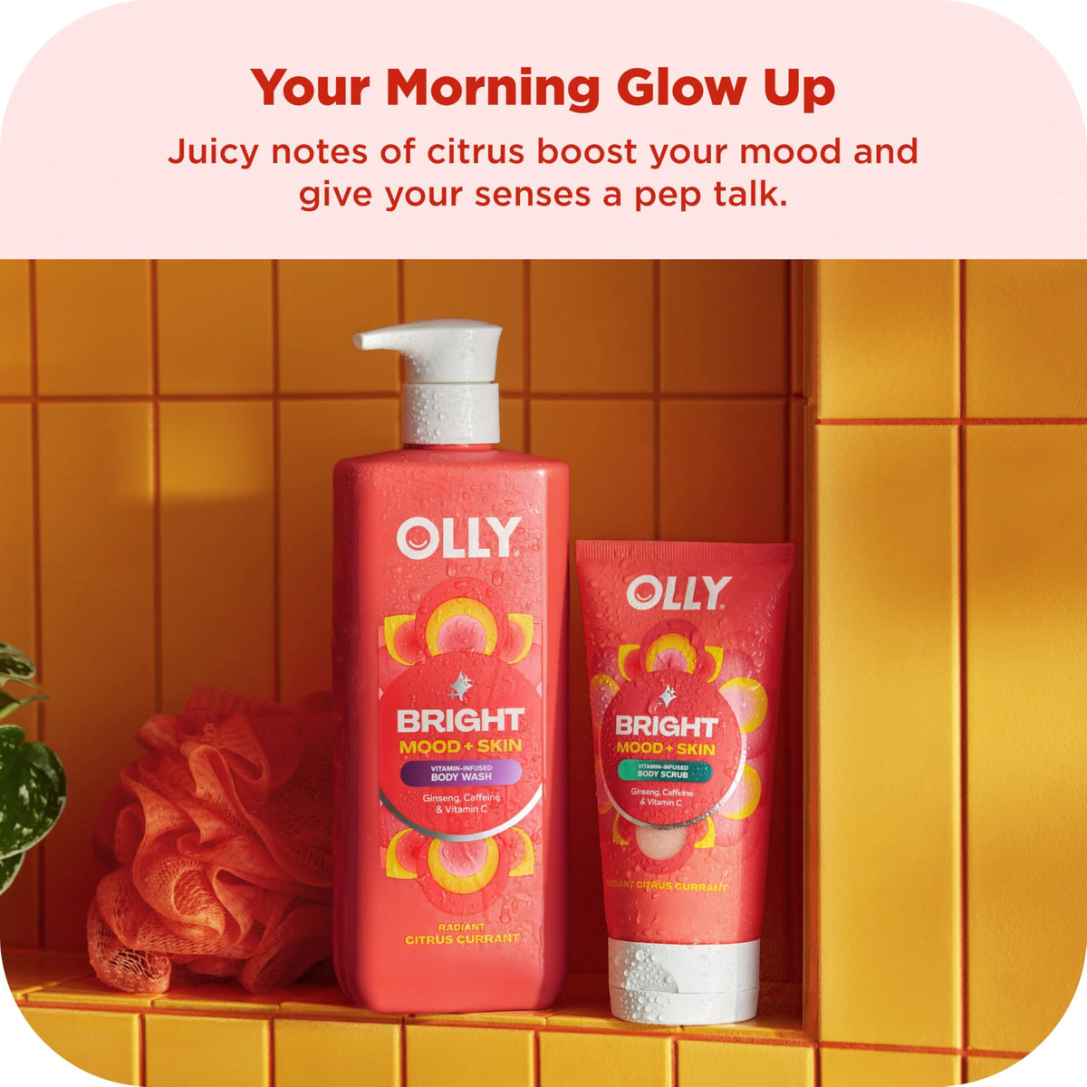 OLLY Bright scrub texture close-up revealing exfoliant granules for smoother skin