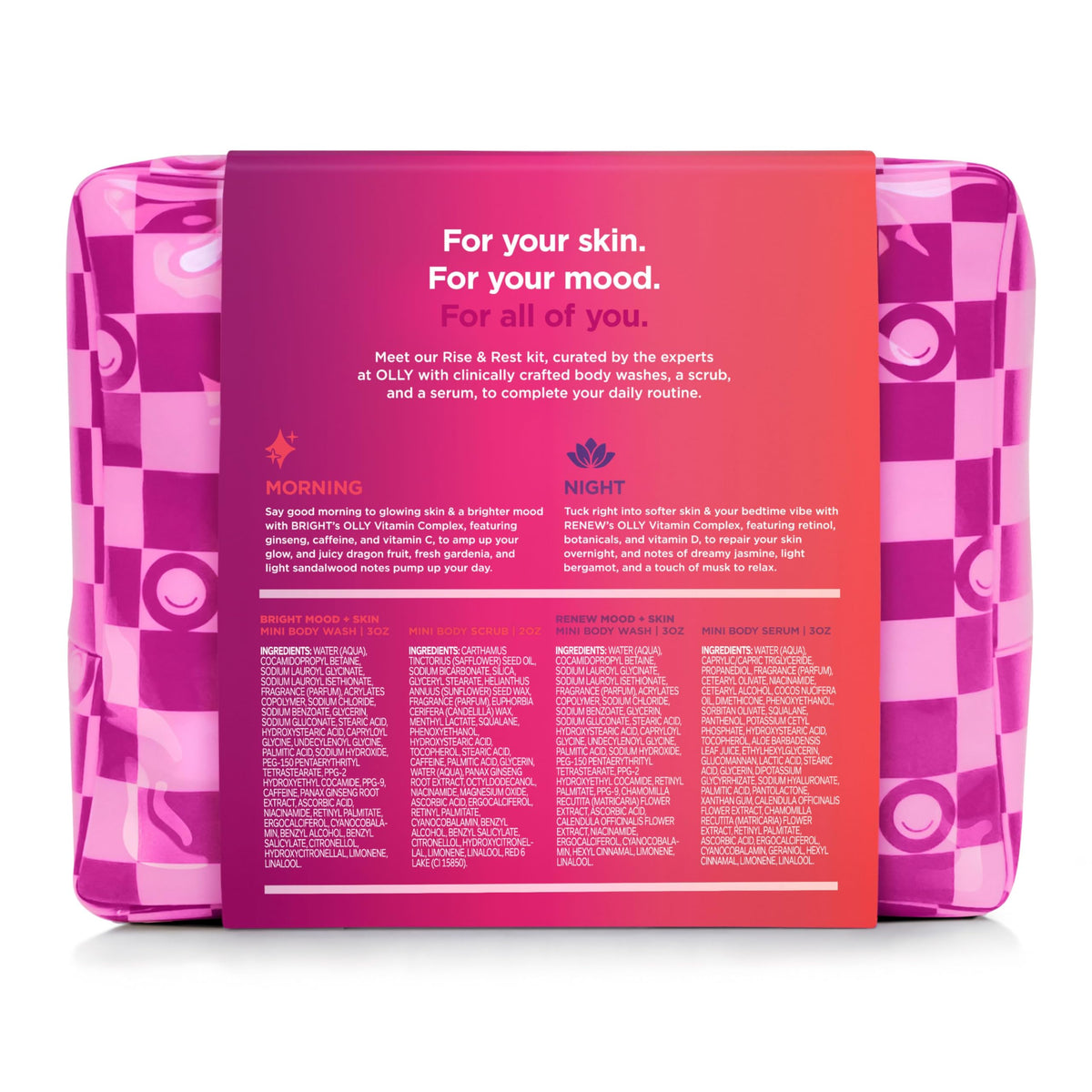 OLLY Rest & Rise kit flatlay in bathroom setting showing daily routine convenience