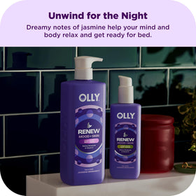 OLLY Renew body serum being poured to show lightweight hydration and fast absorption