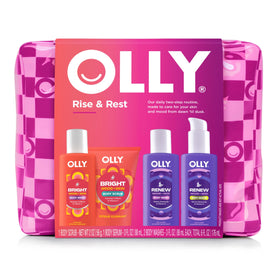 OLLY front packaging of the Rest & Rise kit showing four bottles and benefits