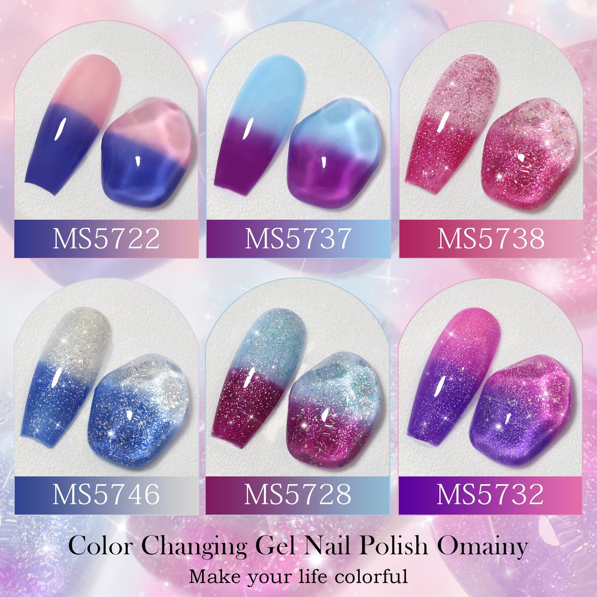 Omainy color swatch array displaying all eight temperature-changing shades