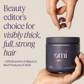 OMI WELLBEAUTY two gummies on spoon demonstrating recommended daily serving