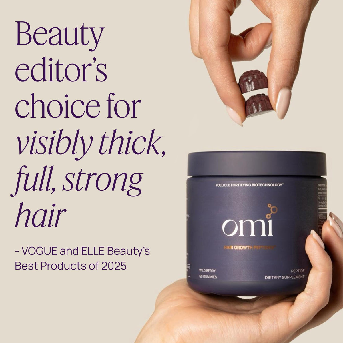 OMI WELLBEAUTY two gummies in hand demonstrating recommended daily portion