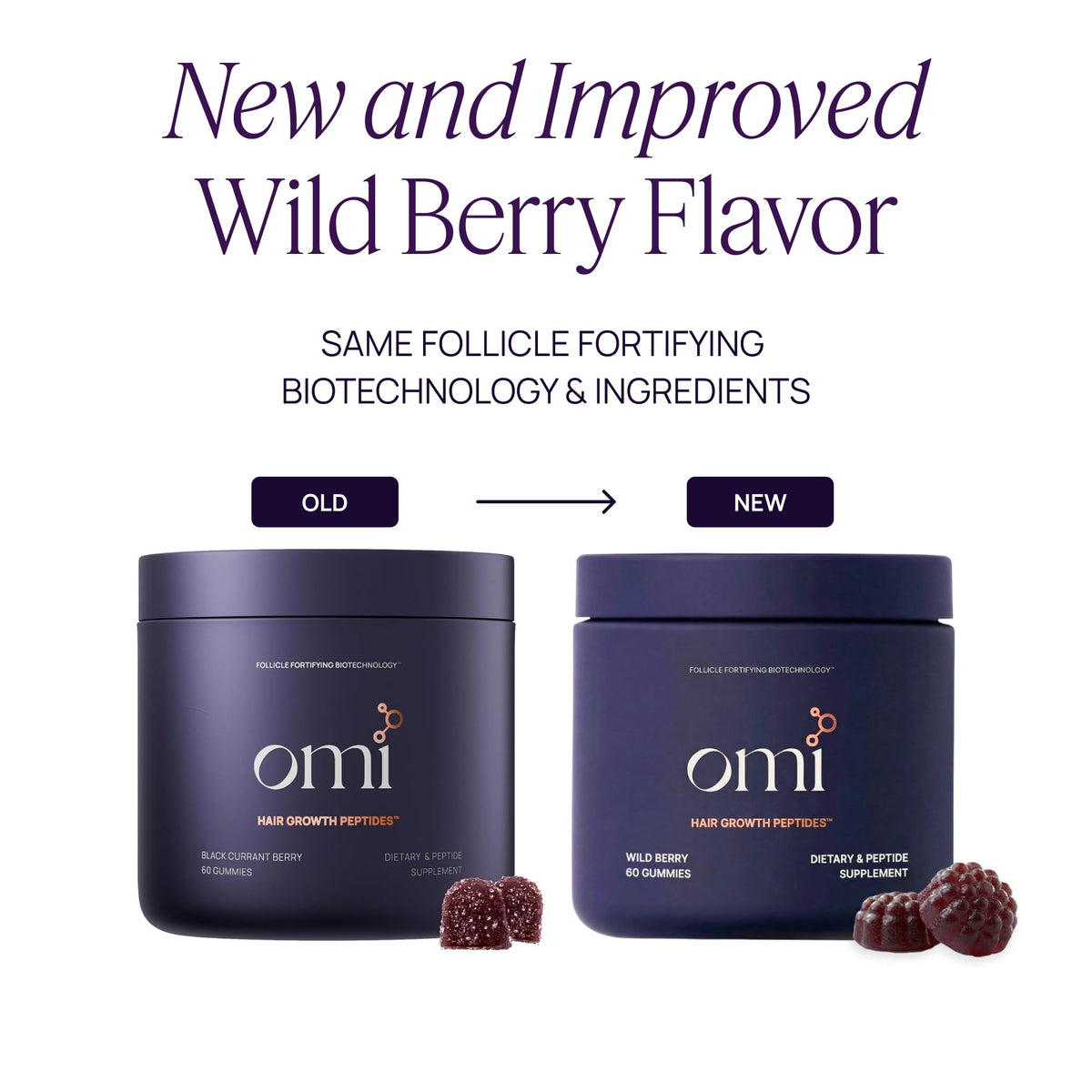 OMI WELLBEAUTY open jar revealing 180 wild berry gummies for daily use