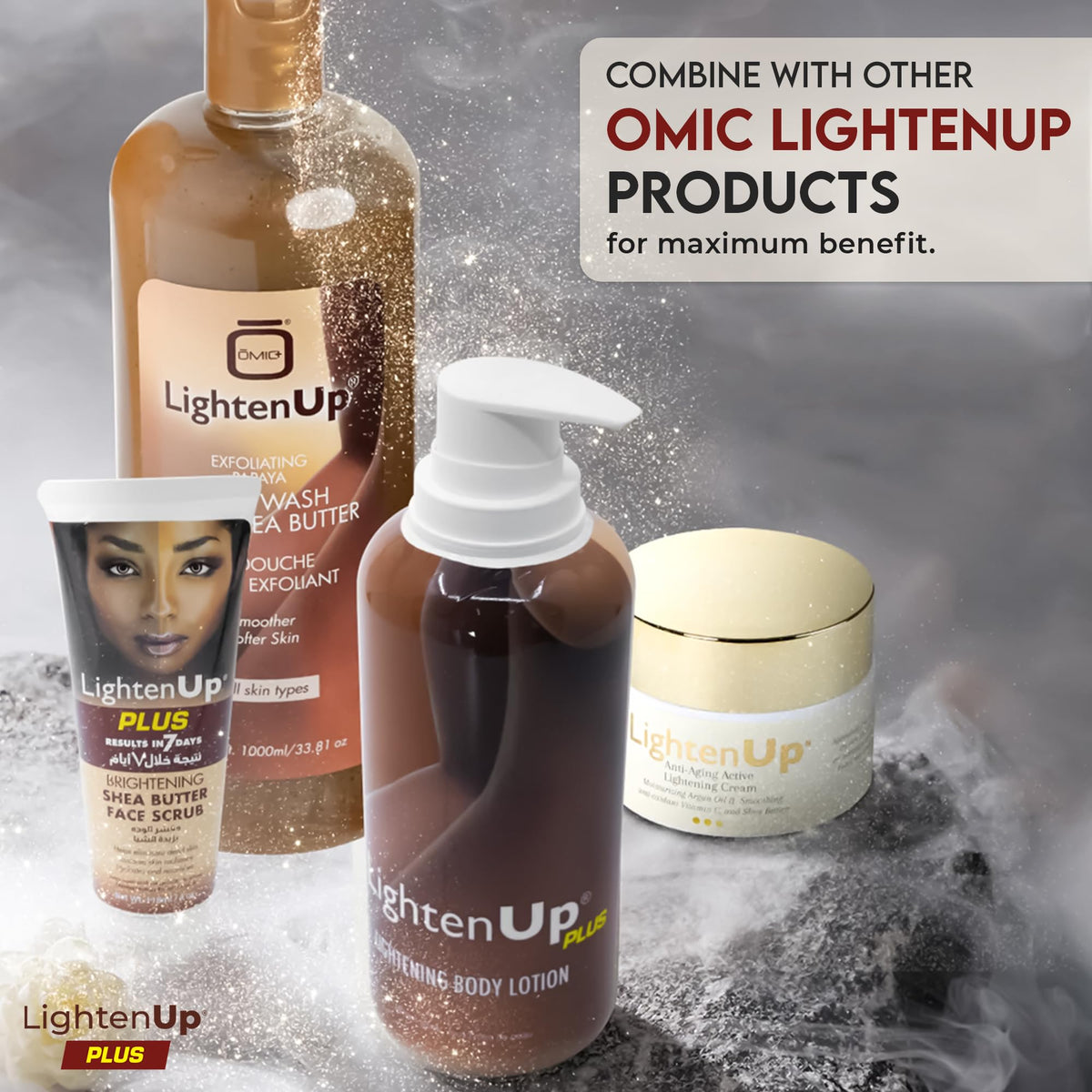 OMIC Lighten-Up before and after illustration showing improved softness and more even tone