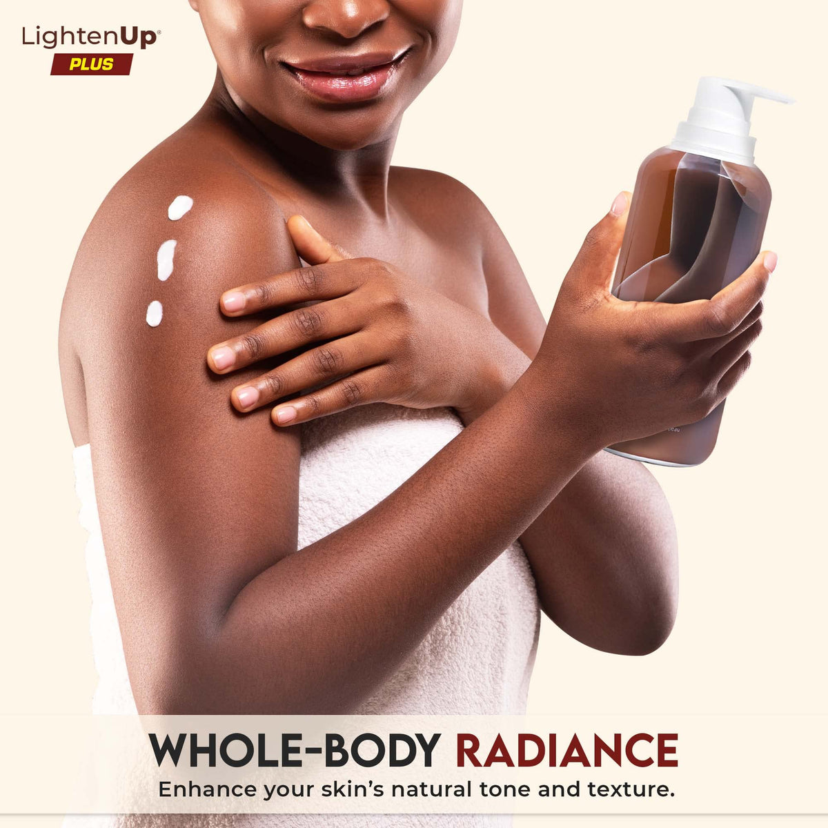 OMIC Lighten-Up lotion texture poured from bottle, showing hydrating creamy consistency