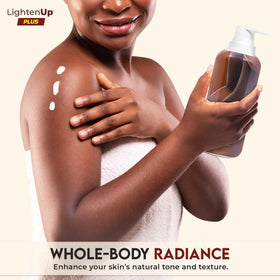 OMIC Lighten-Up lotion texture poured from bottle, showing hydrating creamy consistency