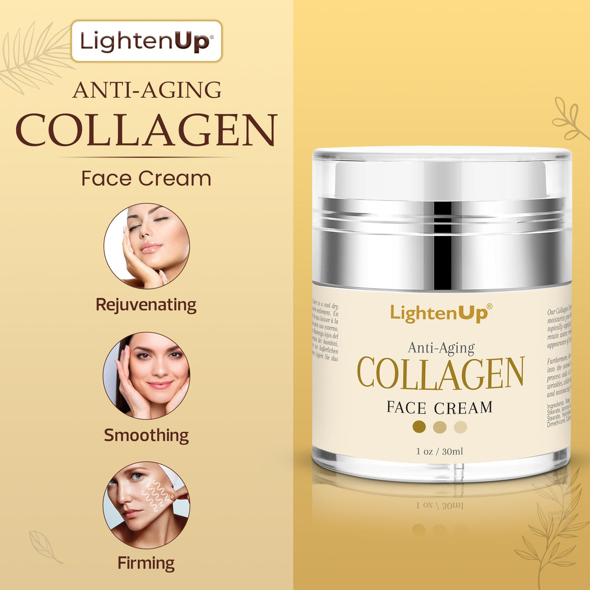 OMIC Lighten-Up open jar displaying cream texture and hydration benefits