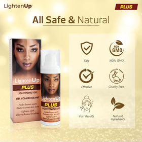 OMIC Lighten-Up ingredient label detail, emphasizes coconut oil and alpha arbutin benefits