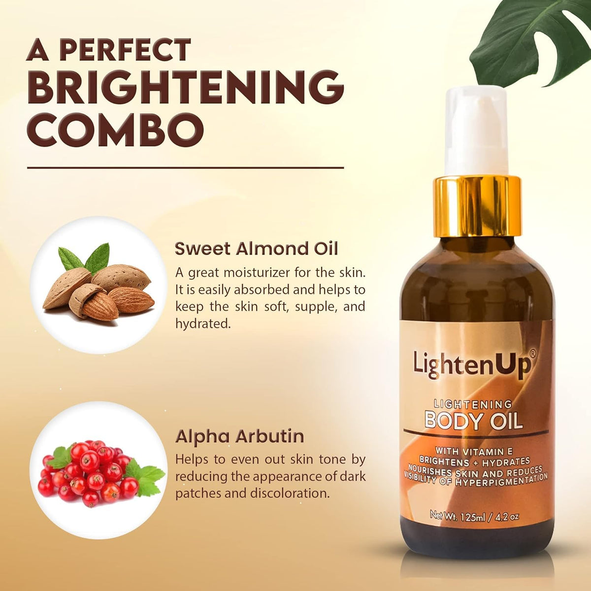 OMIC Lighten-Up ingredients showing shea butter and almond oil for deep hydration