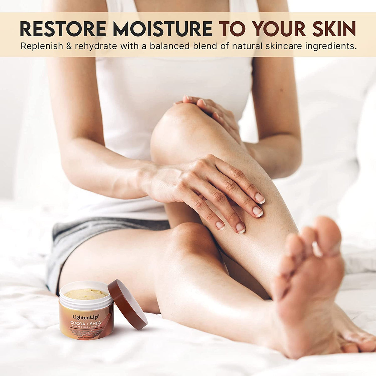 OMIC Lighten-Up open jar top view showing smooth whipped surface and easy scooping benefit
