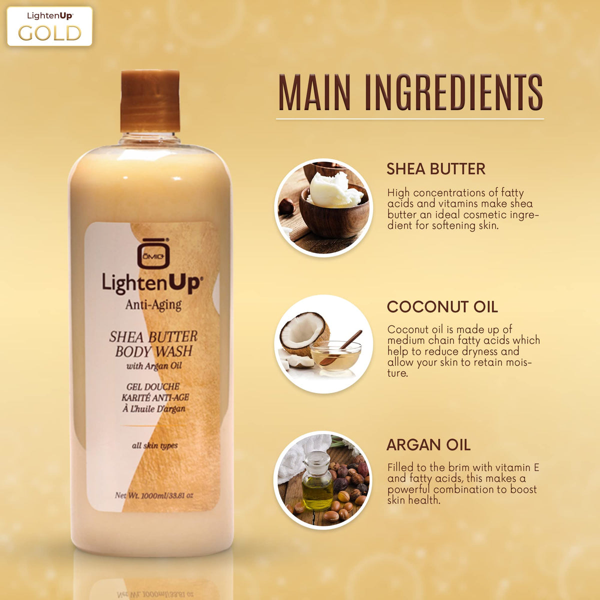 OMIC Lighten-Up pump and label closeup highlighting key ingredients and directions