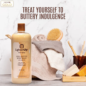 OMIC Lighten-Up in-shower use showing easy application and hydrated skin result