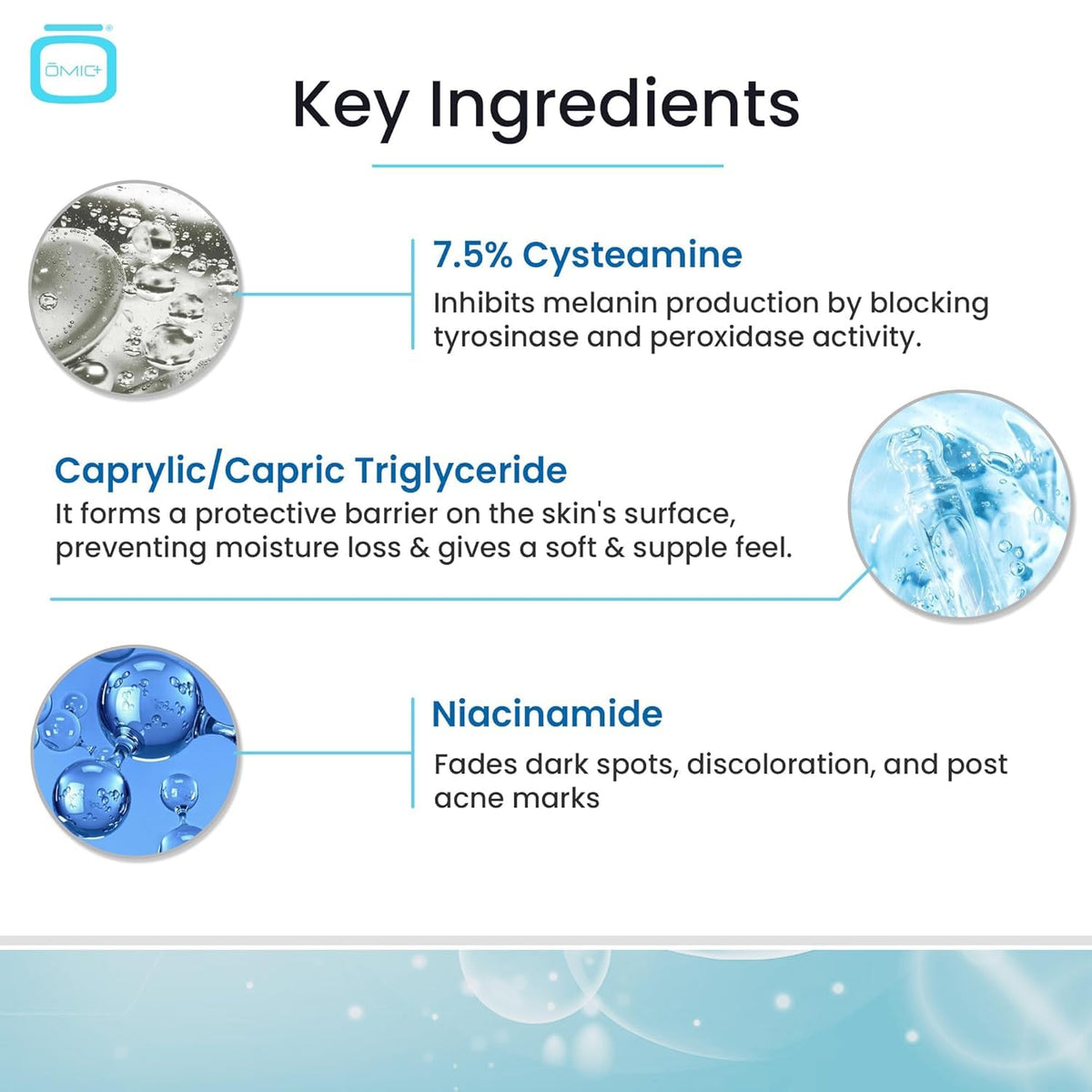OMIC label ingredients panel emphasizing cysteamine concentration and clarity