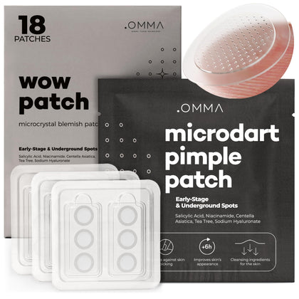 OMMA front packaging showing 18-count acne patches and ingredient callouts benefits