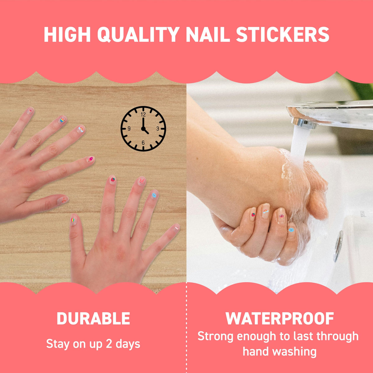 Omy finished kawaii nails on hands showing colorful playful designs