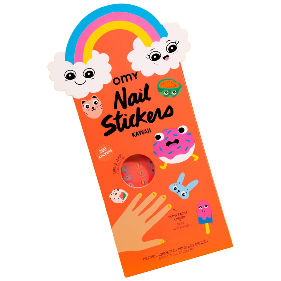 Omy front packaging showing 200 kawaii nail sticker designs and benefits