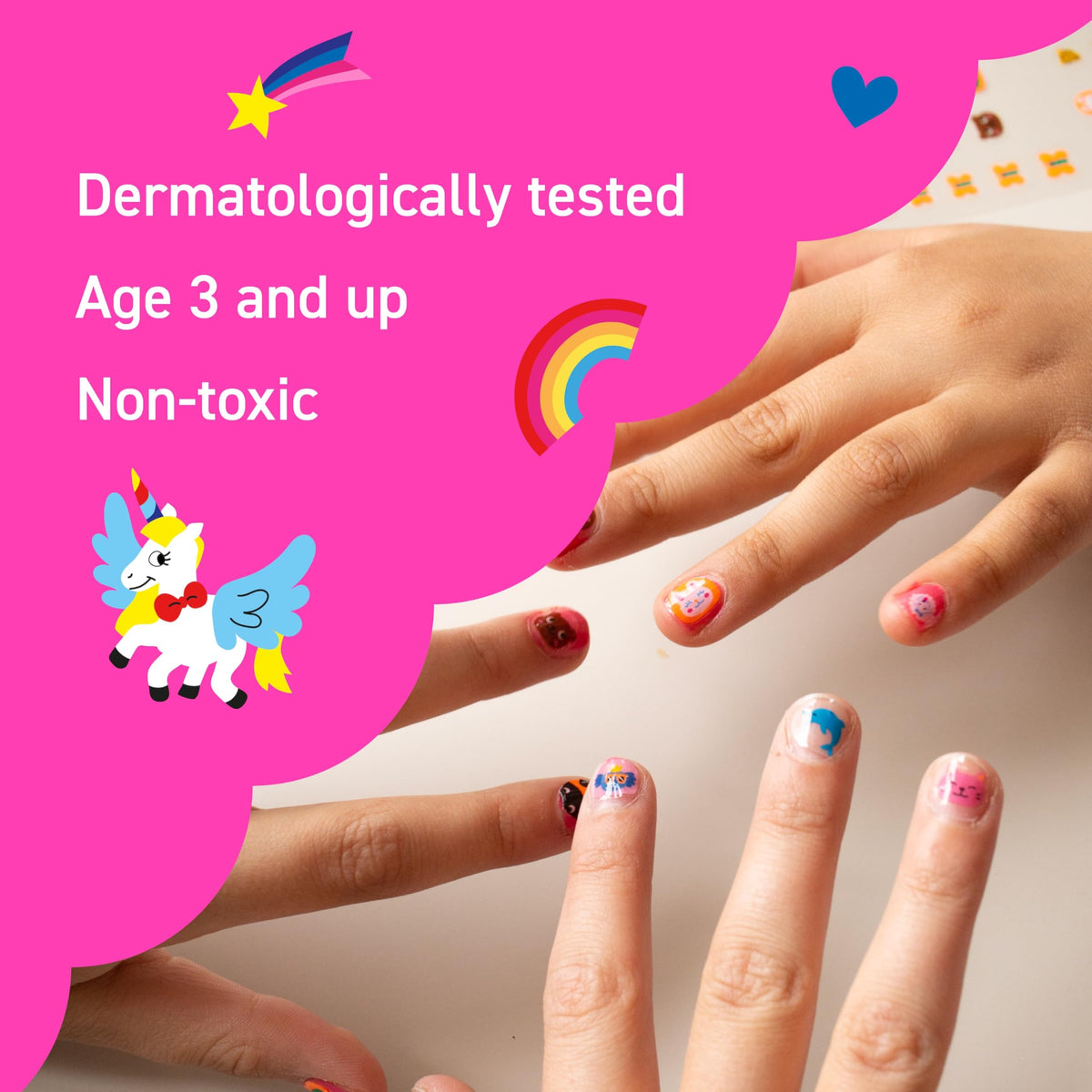 Omy applying sticker on nail showing easy, fast application