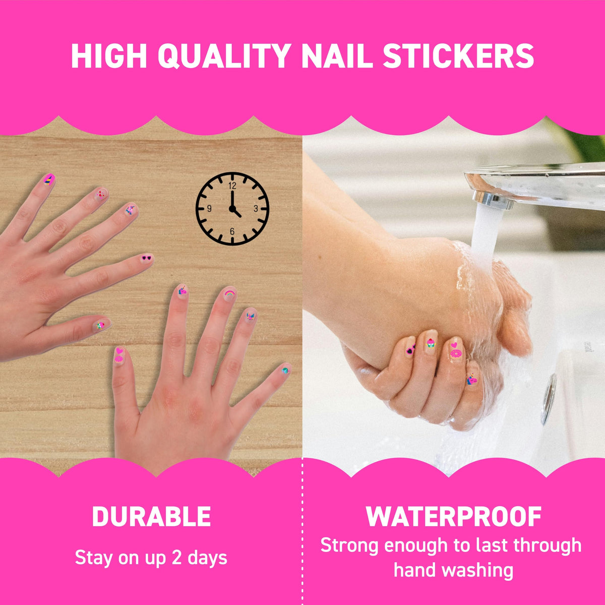 Omy finished fingernails with unicorn decals showing playful look