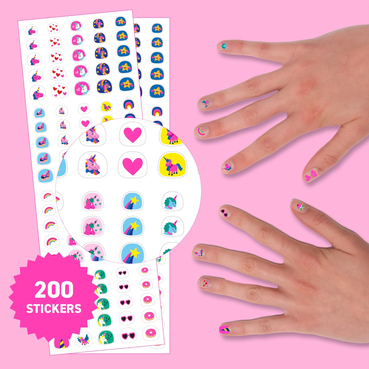 Omy close-up of sticker sheet showing bright designs and detail