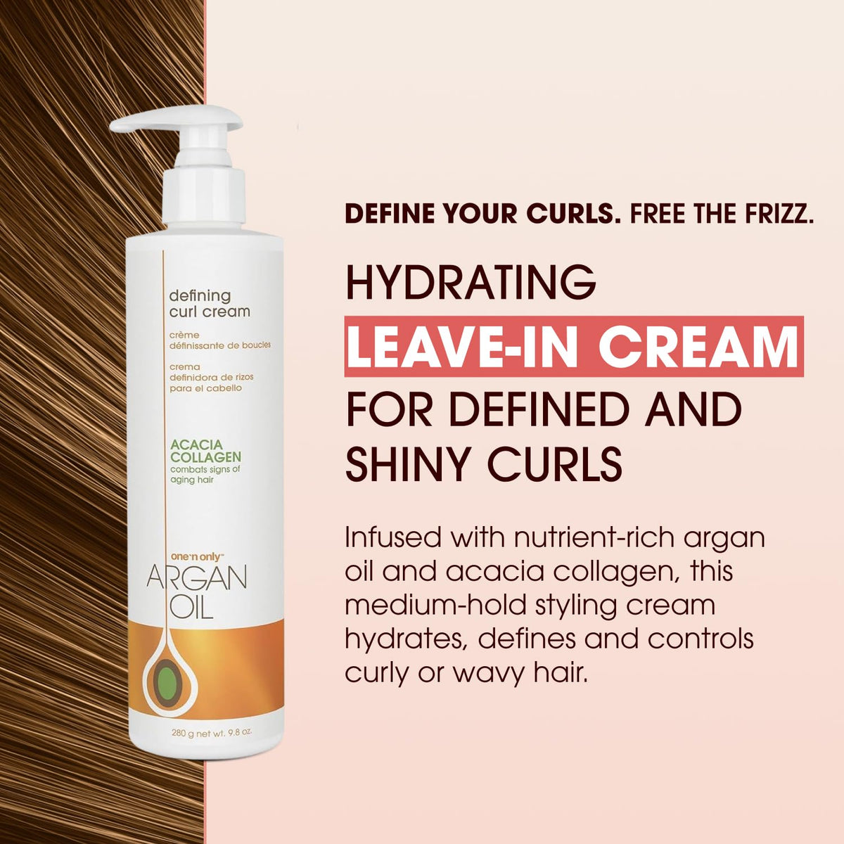 One 'n Only ingredients label highlighting argan oil and acacia collagen benefits