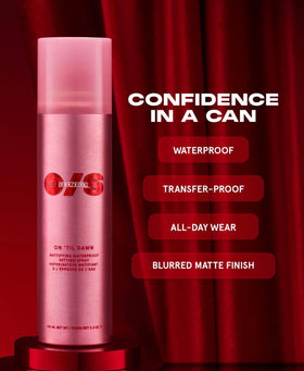 One Size spray in use on model indicating longwear finish and sweat resistance benefit