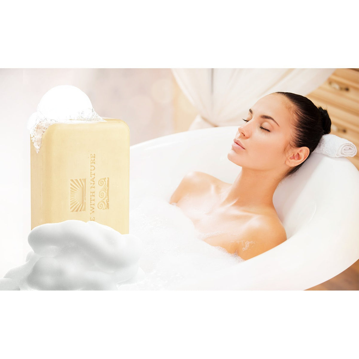 One With Nature soap on bathroom shelf in use conveying a spa-like cleansing benefit
