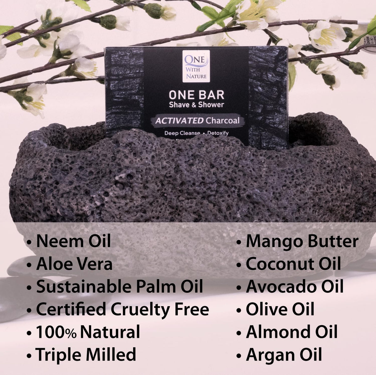 One With Nature close-up of charcoal texture highlighting gentle cleansing