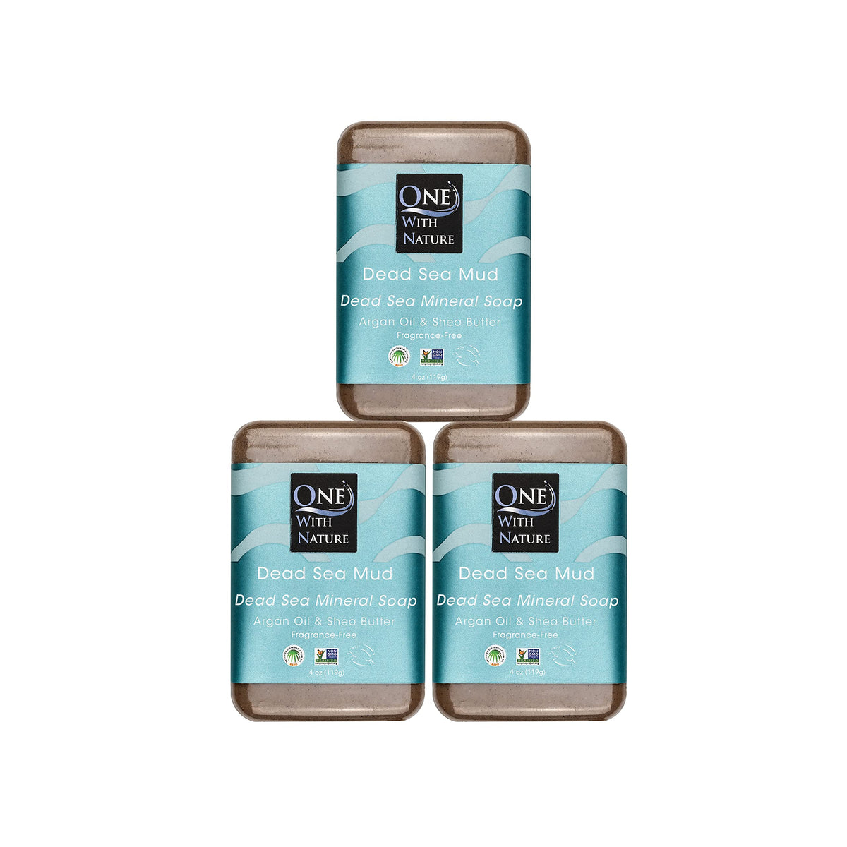One With Nature front packaging showing three unscented mud soap bars and benefits